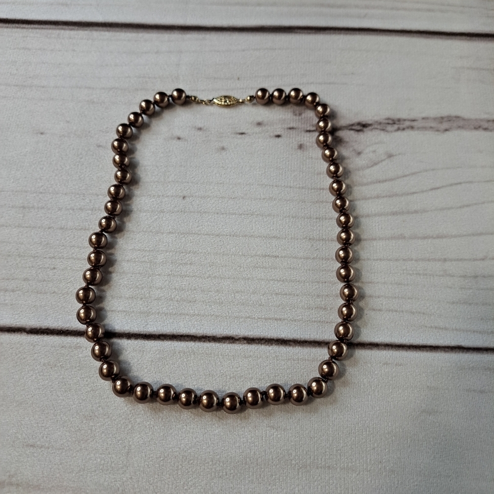 Elegant Brown Bronze Faux Pearl Necklace Fish Hook Oval Filigree Box Clasp